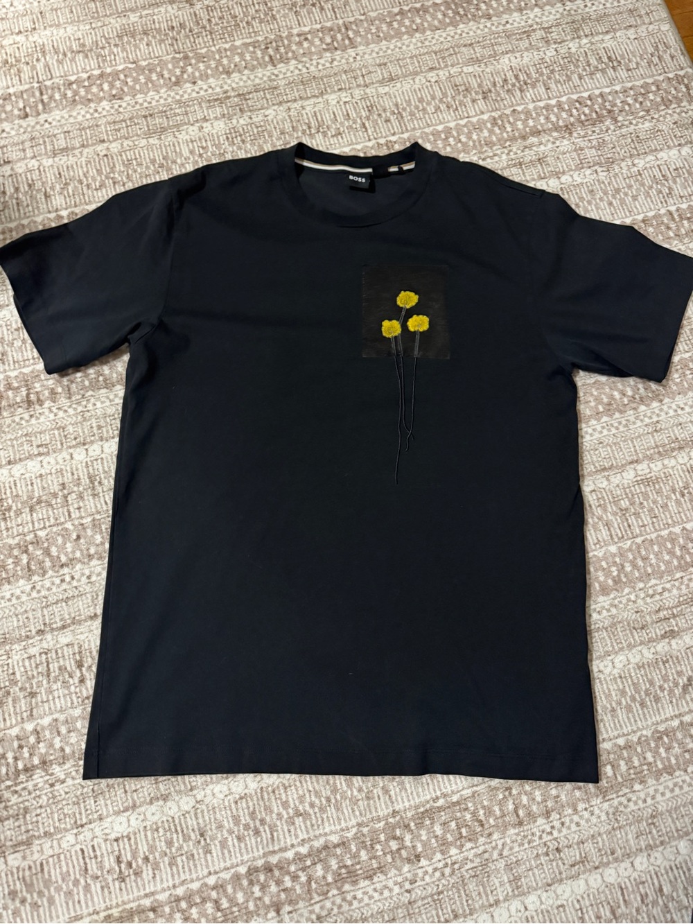 Boss Men’s Black Short Sleeve Tee with Yellow Floral Embroidery
